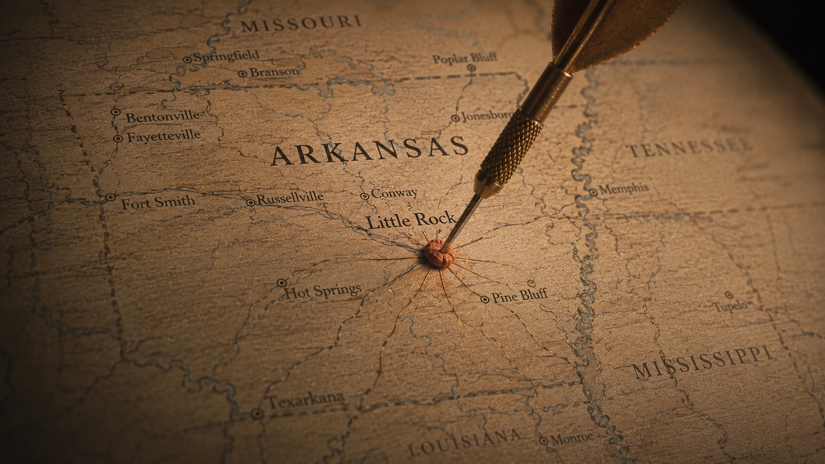 Vintage map of Arkansas with a dart landing on Little Rock